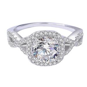 Silver‎ Halo Round Cubic Zirconia Engagement Ring - Silver